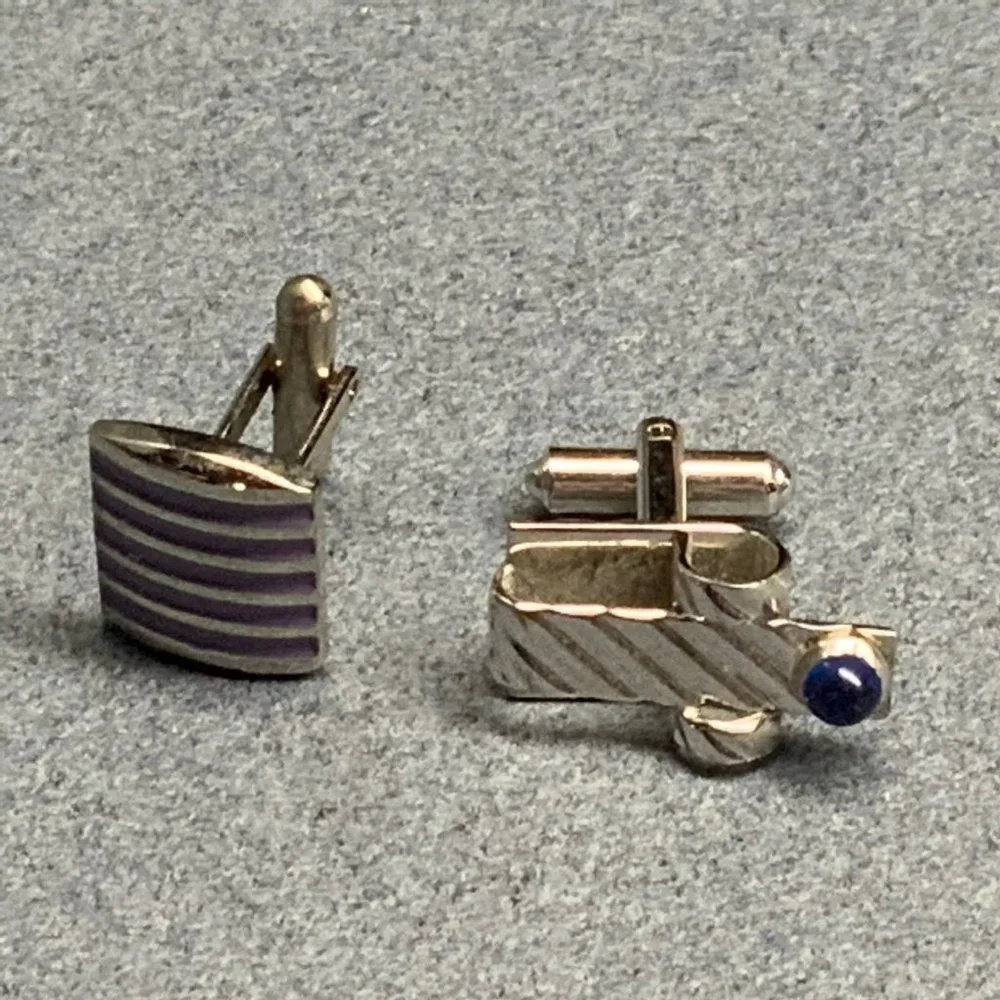 Single Cufflinks Lot Silver Light Purple Lilac Lavender Stripes Dark Blue Stone